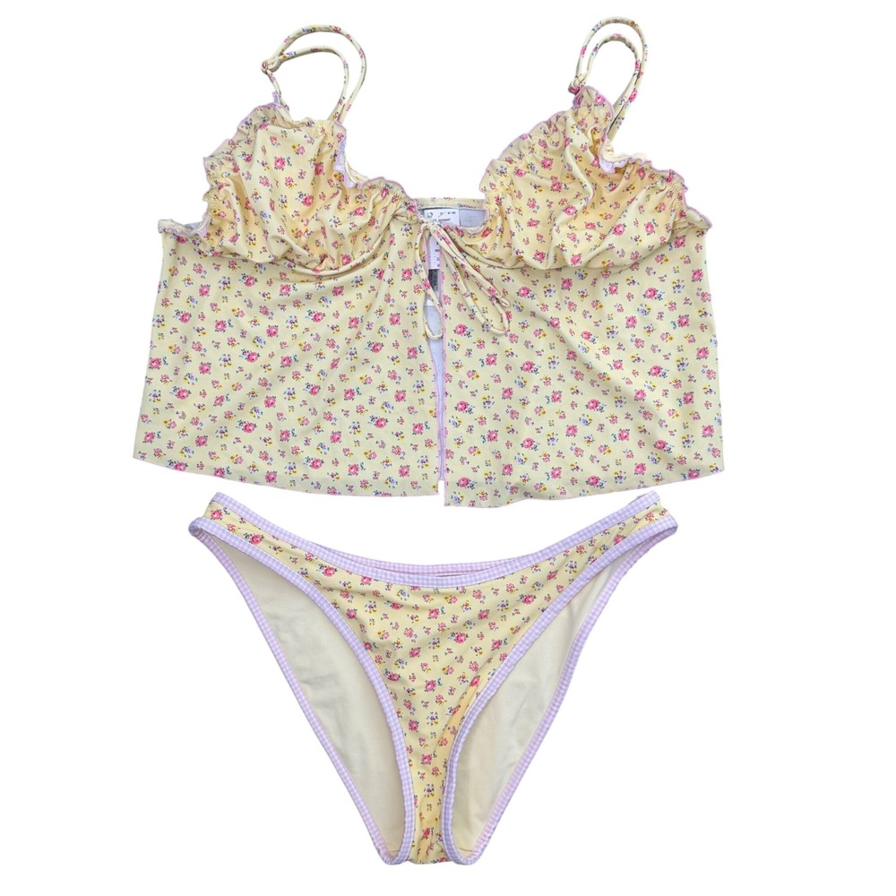 VS PINK by Frankies Bikinis Yellow Floral Ruffle Bikini Set L/ XL NEW Beach